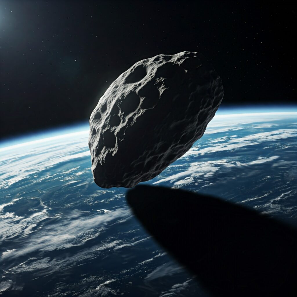 Planet Earth and big asteroid in the space